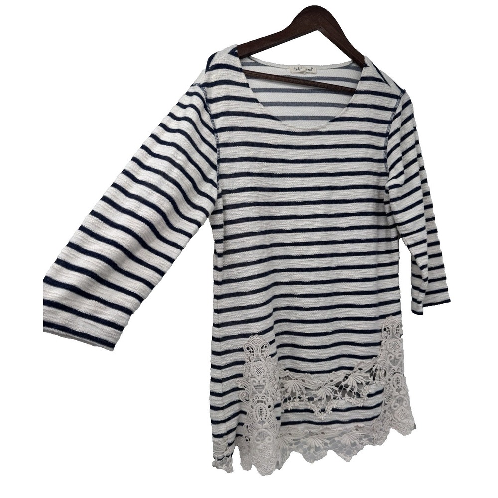 Indigo Soul Blue White Striped Crochet Lace Sheer Coastal Nautical beachy resort